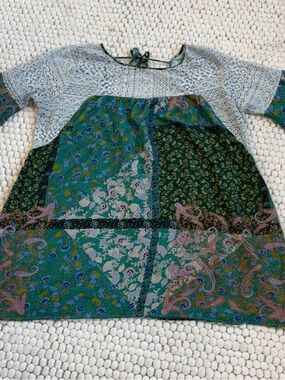 Womens Green Floral Patchwork Dress Tunic Cover-Up XL Bell Sleeve Umgee